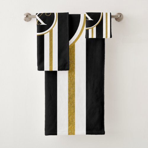 Personalized Elegant Black  Gold Stripes Monogram Bath Towel Set