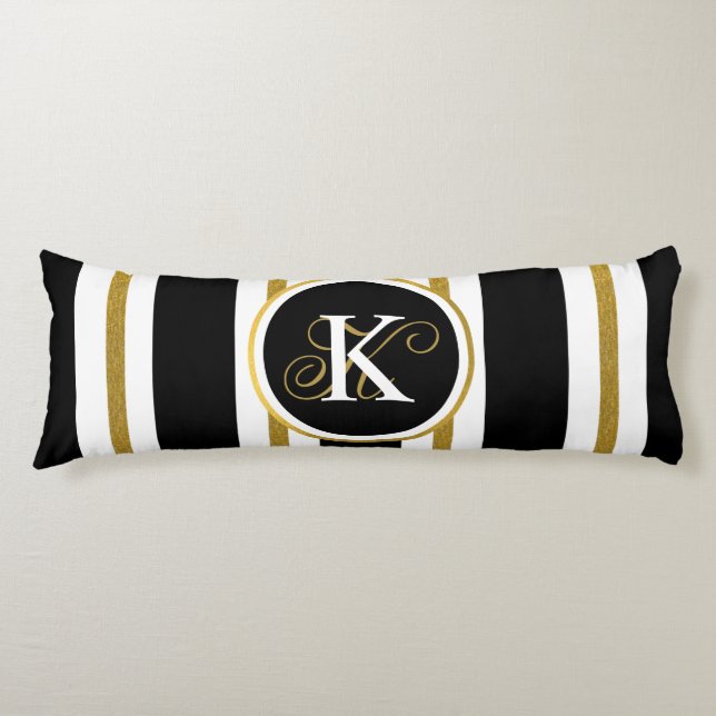 Personalized Elegant Black & Gold Stripes Monogram Body Pillow (Front)