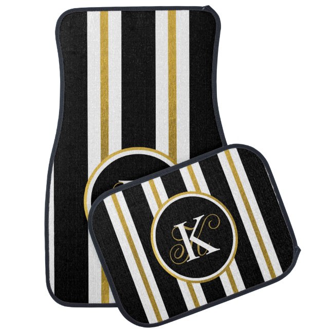 Personalized Elegant Black & Gold Stripes Monogram Car Floor Mat (Set)