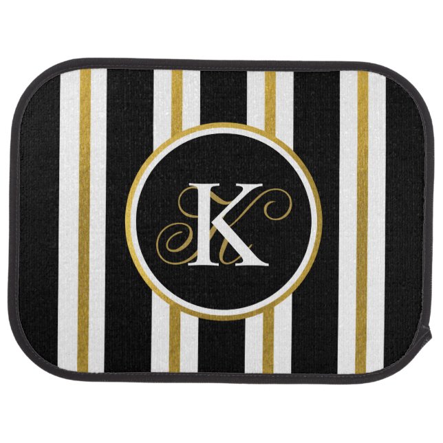 Personalized Elegant Black & Gold Stripes Monogram Car Floor Mat (Rear)