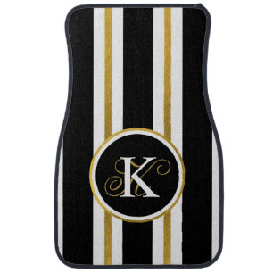 Personalized Elegant Black & Gold Stripes Monogram Car Floor Mat