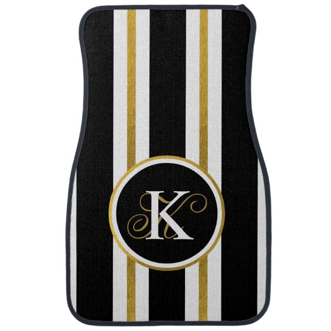 Personalized Elegant Black & Gold Stripes Monogram Car Floor Mat (Front)