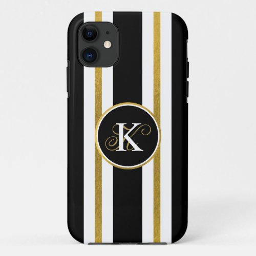 Personalized Elegant Black  Gold Stripes Monogram iPhone 11 Case