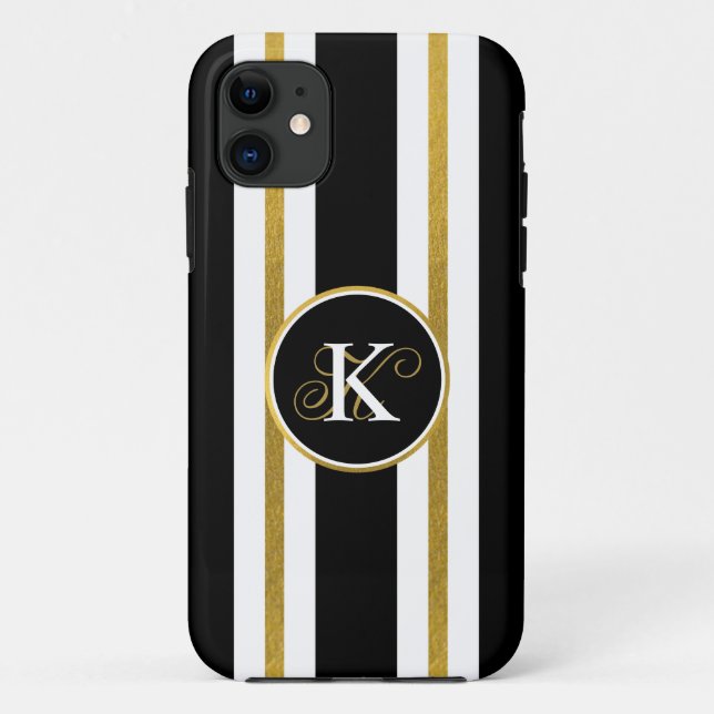 Personalized Elegant Black & Gold Stripes Monogram Case-Mate iPhone Case (Back)