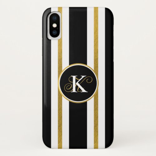 Personalized Elegant Black  Gold Stripes Monogram iPhone X Case