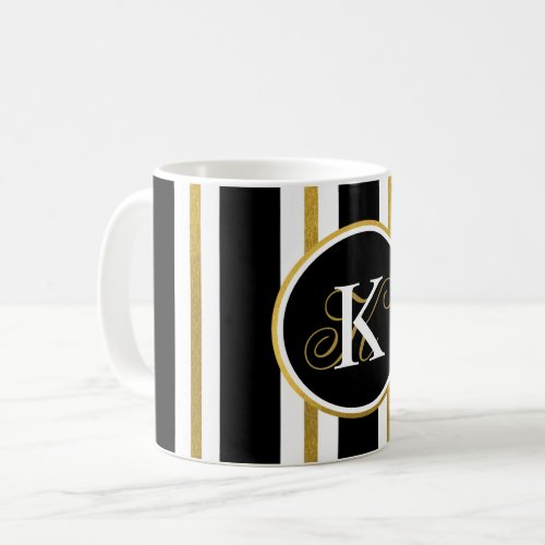 Personalized Elegant Black  Gold Stripes Monogram Coffee Mug
