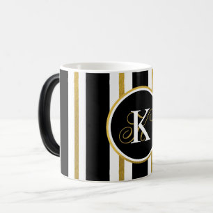 Personalized Elegant Black & Gold Stripes Monogram Color Morph Mug