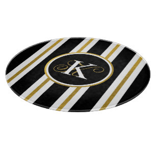 Personalized Elegant Black & Gold Stripes Monogram Cutting Board