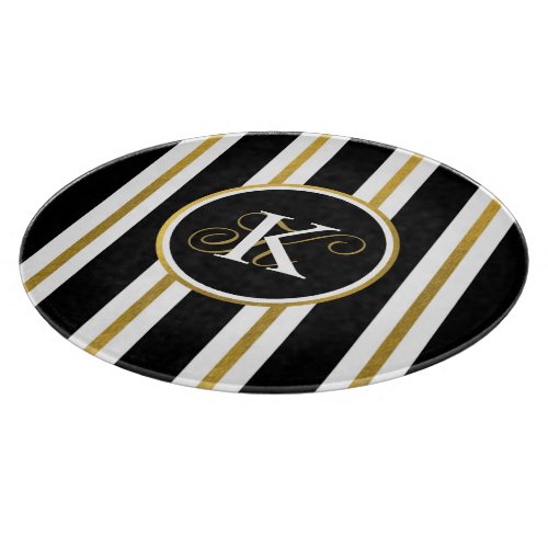 Personalized Elegant Black  Gold Stripes Monogram Cutting Board