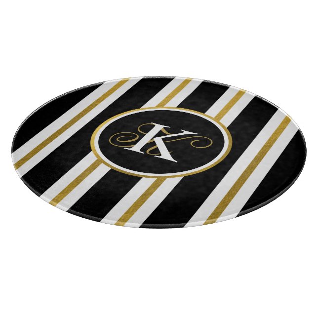 Personalized Elegant Black & Gold Stripes Monogram Cutting Board (Corner)