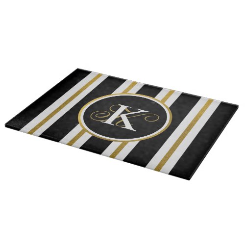 Personalized Elegant Black  Gold Stripes Monogram Cutting Board