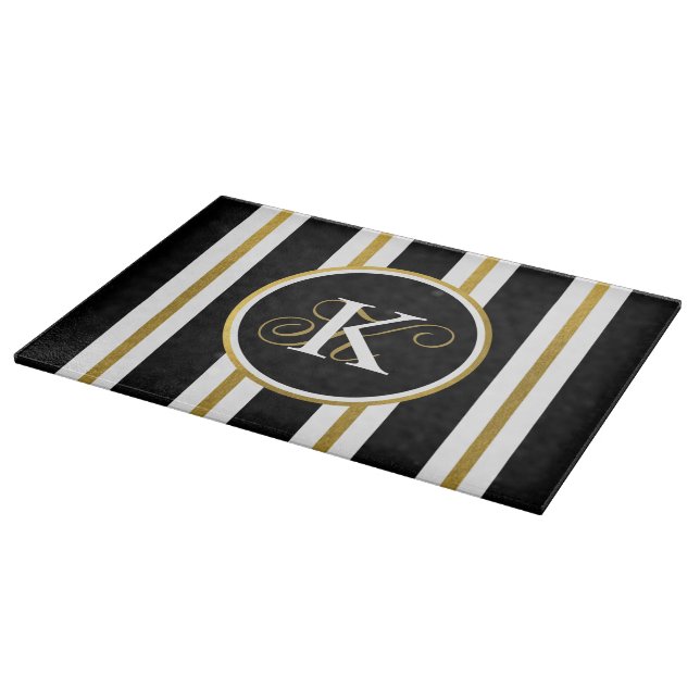 Personalized Elegant Black & Gold Stripes Monogram Cutting Board (Corner)