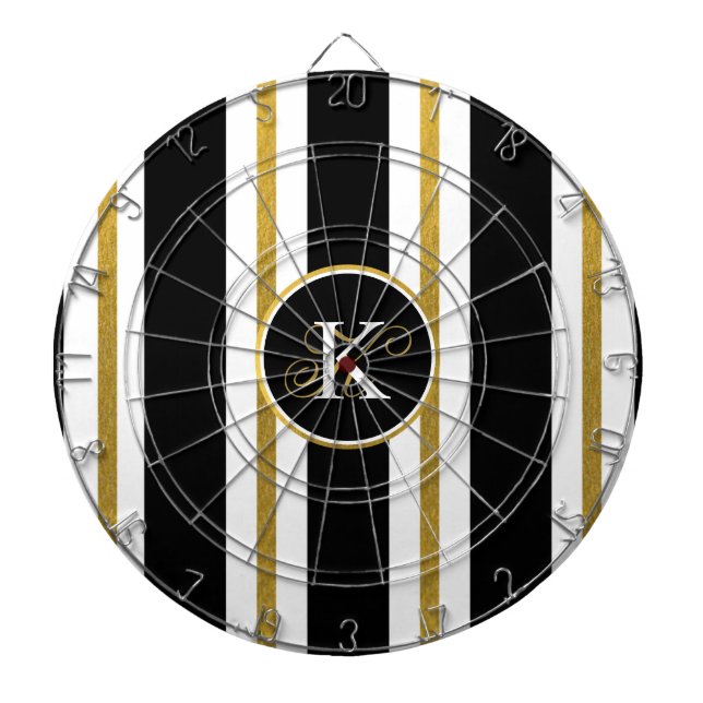 Personalized Elegant Black & Gold Stripes Monogram Dart Board (Front)