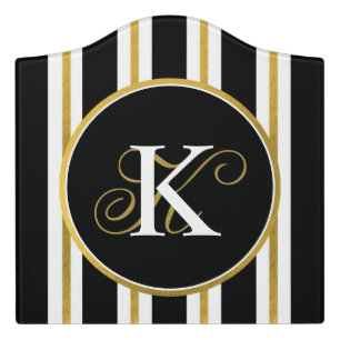 Personalized Elegant Black & Gold Stripes Monogram Door Sign