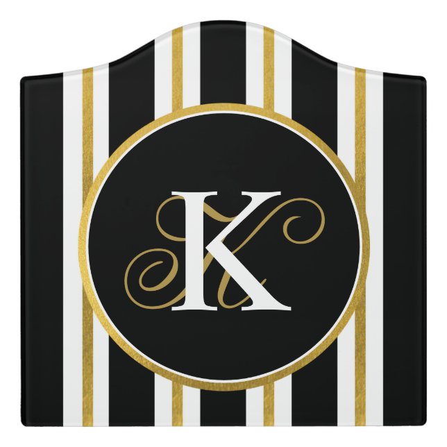Personalized Elegant Black & Gold Stripes Monogram Door Sign (Large Crest Front)