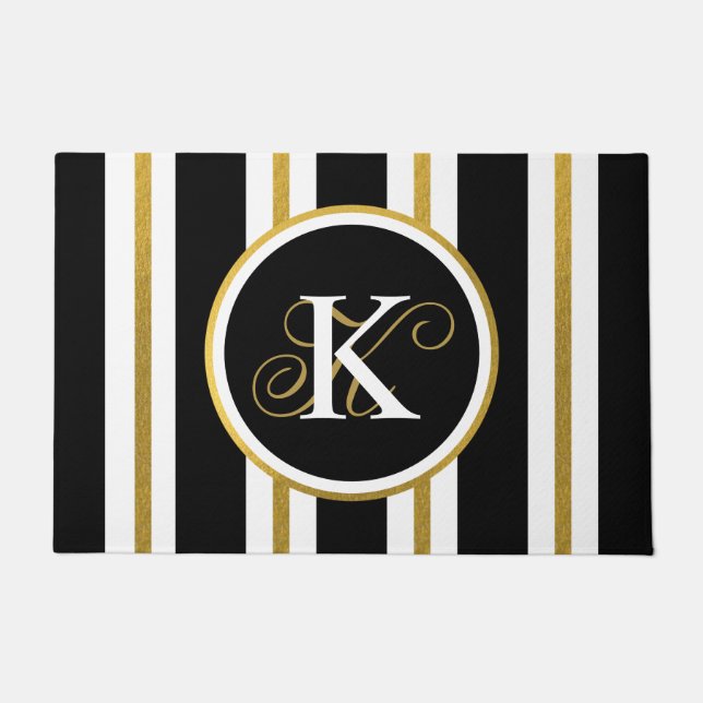 Personalized Elegant Black & Gold Stripes Monogram Doormat (Front)