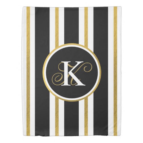 Personalized Elegant Black  Gold Stripes Monogram Duvet Cover