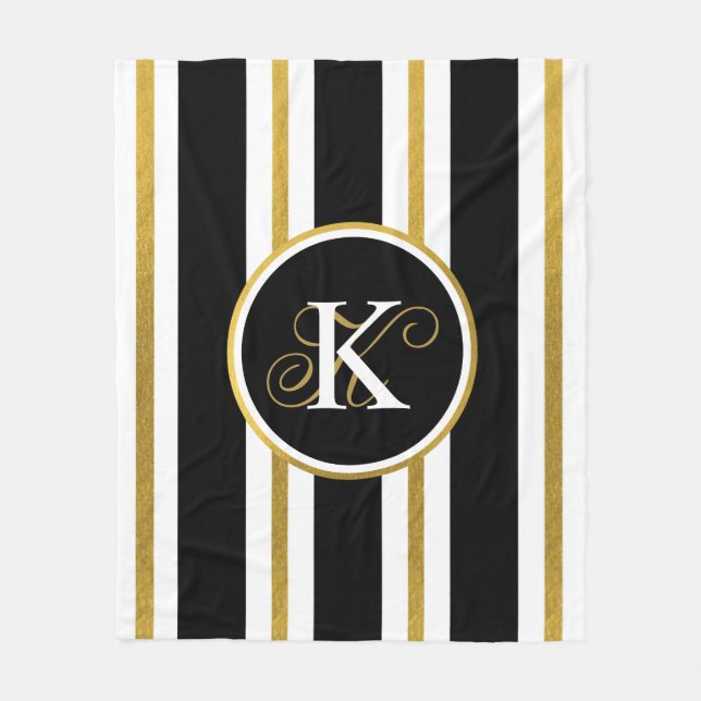 Personalized Elegant Black & Gold Stripes Monogram Fleece Blanket (Front)