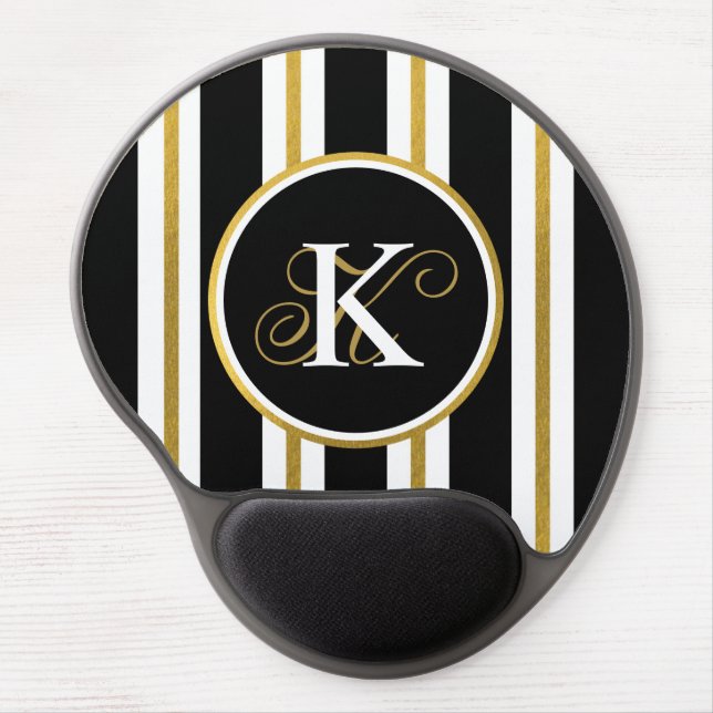 Personalized Elegant Black & Gold Stripes Monogram Gel Mouse Pad (Front)