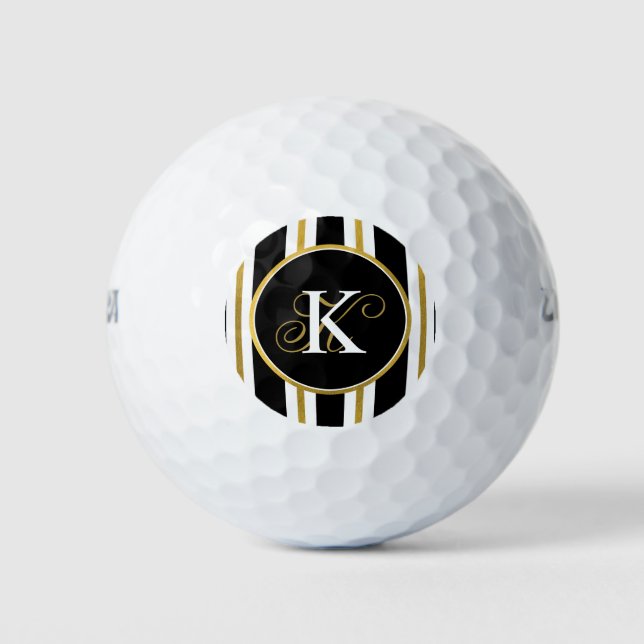 Personalized Elegant Black & Gold Stripes Monogram Golf Balls (Front)