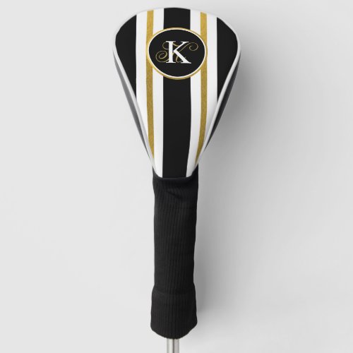 Personalized Elegant Black  Gold Stripes Monogram Golf Head Cover