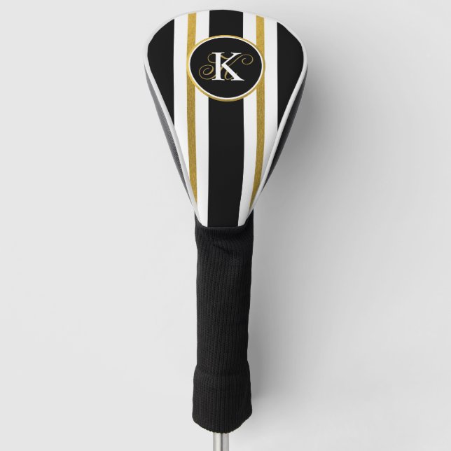 Personalized Elegant Black & Gold Stripes Monogram Golf Head Cover (Front)
