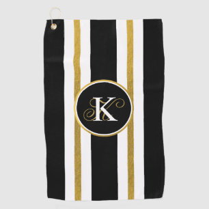 Personalized Elegant Black & Gold Stripes Monogram Golf Towel