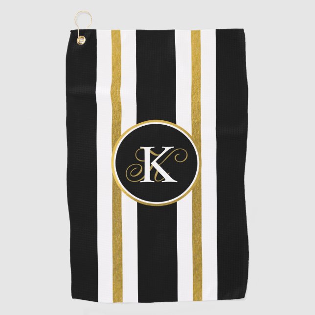 Personalized Elegant Black & Gold Stripes Monogram Golf Towel (Front)