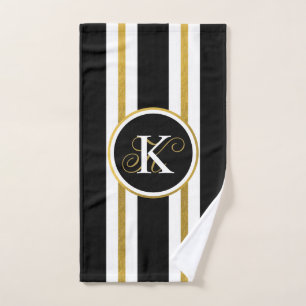 Personalized Elegant Black & Gold Stripes Monogram Hand Towel