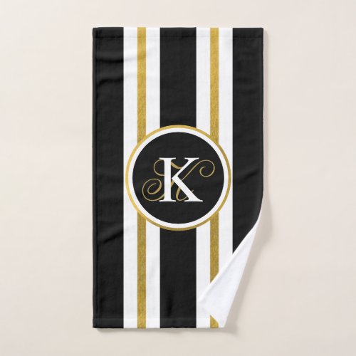 Personalized Elegant Black  Gold Stripes Monogram Hand Towel