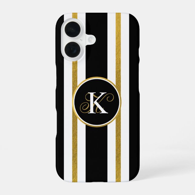 Personalized Elegant Black & Gold Stripes Monogram iPhone Case (Back)