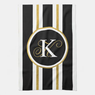 Personalized Elegant Black & Gold Stripes Monogram Kitchen Towel