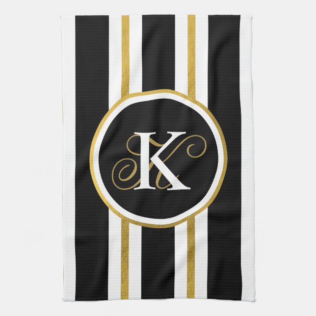 Personalized Elegant Black & Gold Stripes Monogram Kitchen Towel (Vertical)