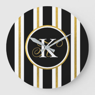 Personalized Elegant Black & Gold Stripes Monogram Large Clock