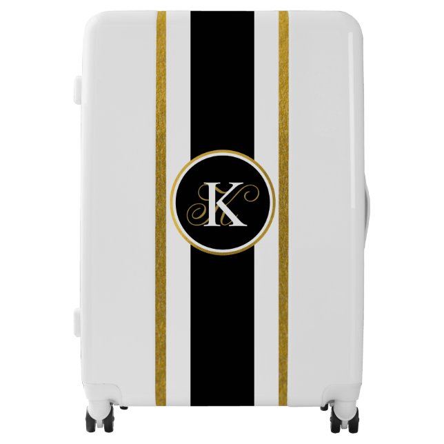 Personalized Elegant Black & Gold Stripes Monogram Luggage (Front)