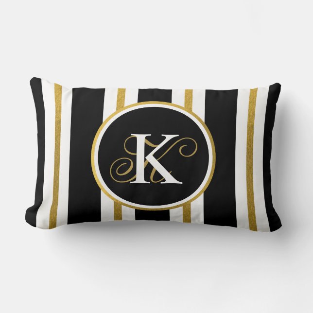 Personalized Elegant Black & Gold Stripes Monogram Lumbar Pillow (Front)