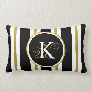 Personalized Elegant Black & Gold Stripes Monogram Lumbar Pillow