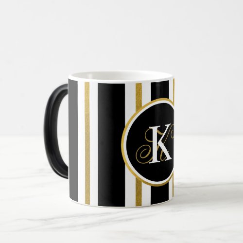 Personalized Elegant Black  Gold Stripes Monogram Magic Mug