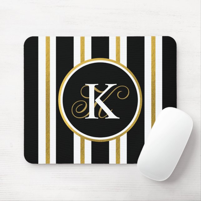 Personalized Elegant Black & Gold Stripes Monogram Mouse Pad (With Mouse)