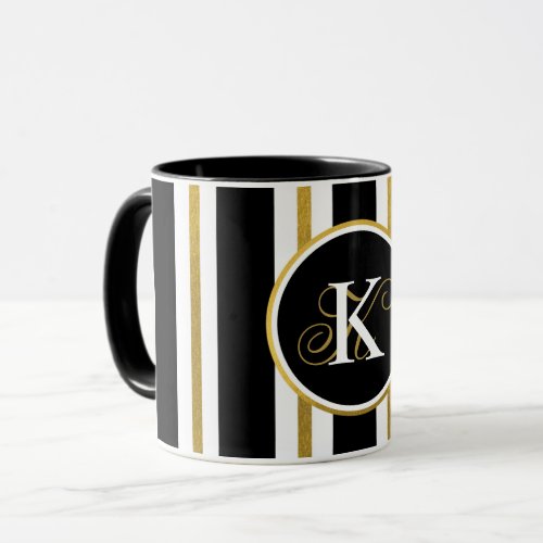 Personalized Elegant Black  Gold Stripes Monogram Mug