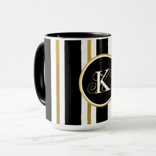 Personalized Elegant Black & Gold Stripes Monogram Mug