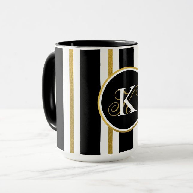 Personalized Elegant Black & Gold Stripes Monogram Mug (Front Left)