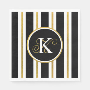 Personalized Elegant Black & Gold Stripes Monogram Napkins