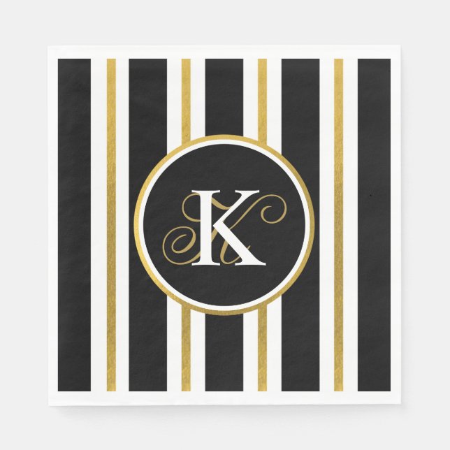 Personalized Elegant Black & Gold Stripes Monogram Napkins (Front)