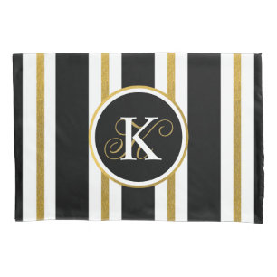 Personalized Elegant Black & Gold Stripes Monogram Pillow Case