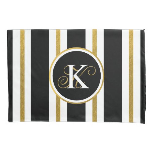 Personalized Elegant Black  Gold Stripes Monogram Pillow Case