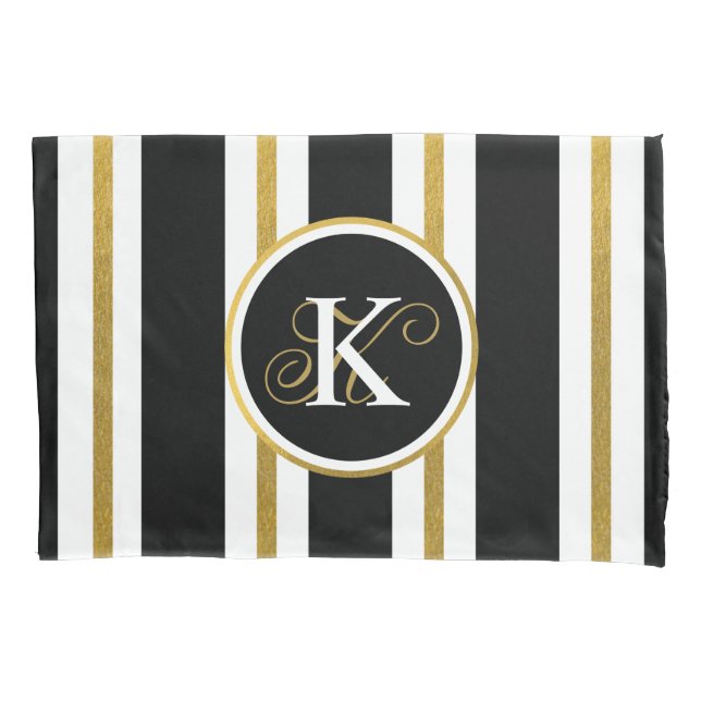 Personalized Elegant Black & Gold Stripes Monogram Pillow Case (Front)