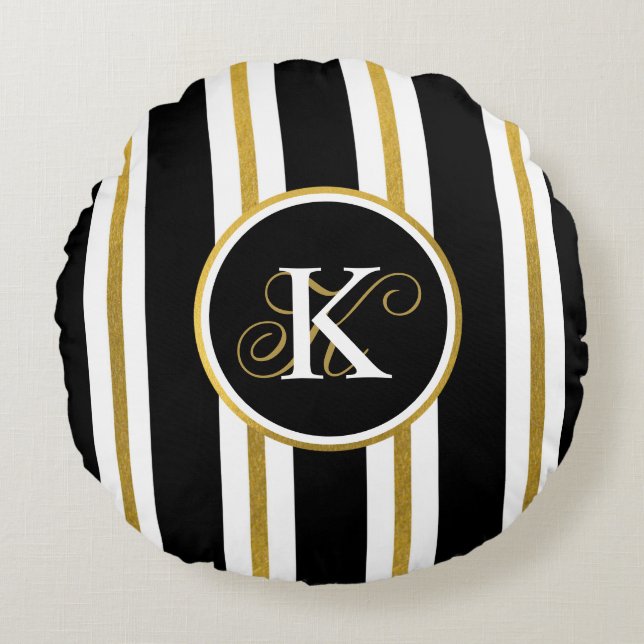 Personalized Elegant Black & Gold Stripes Monogram Round Pillow (Front)