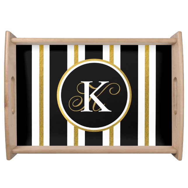 Personalized Elegant Black & Gold Stripes Monogram Serving Tray (Front)