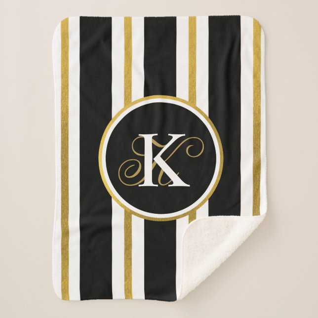 Personalized Elegant Black & Gold Stripes Monogram Sherpa Blanket (Front)